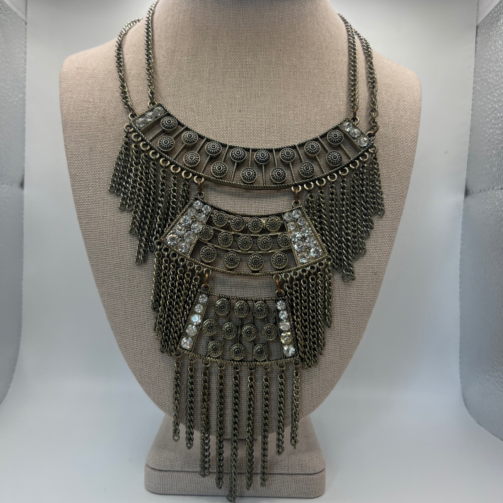 Boho Antique Gold Tone Fringe Bib Statement Necklace Clear Rhinestone Festival