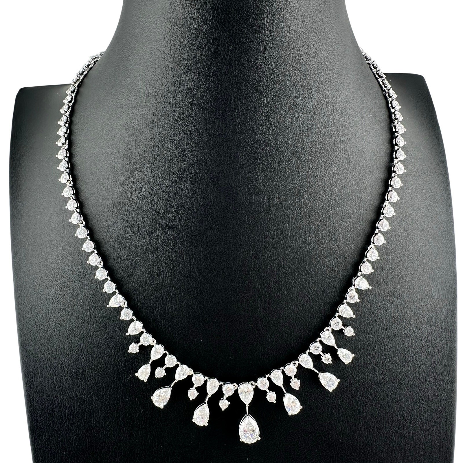 Bridal Style CZ Teardrop Cubic Zirconia Rhodium Plated Silver Tone 17″ Necklace