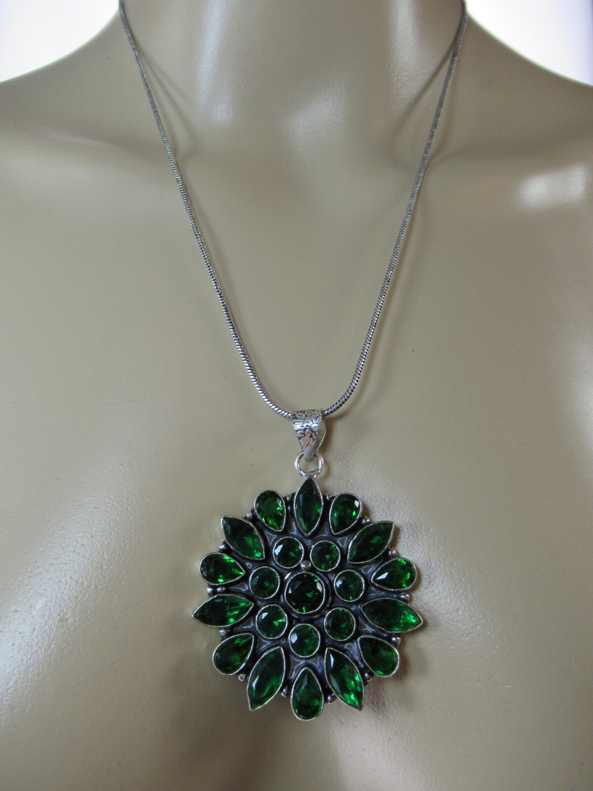 Necklace Pendant Flower Green Cluster Bezel Set Glass Cabs Bold Large Silver
