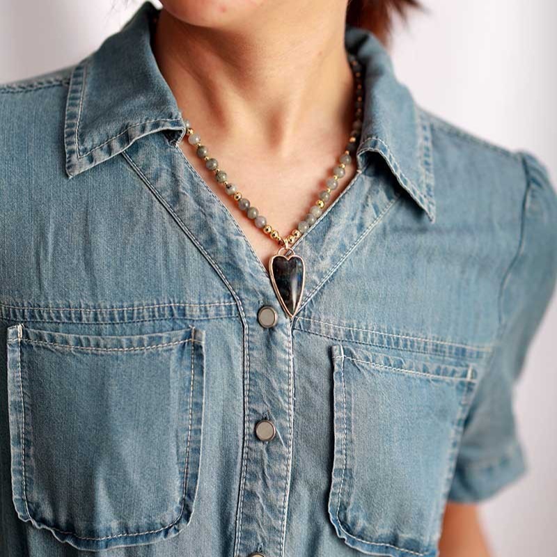 Handmade Premium Labradorite Heart Pendant Crystal Beaded Healing Women Necklace