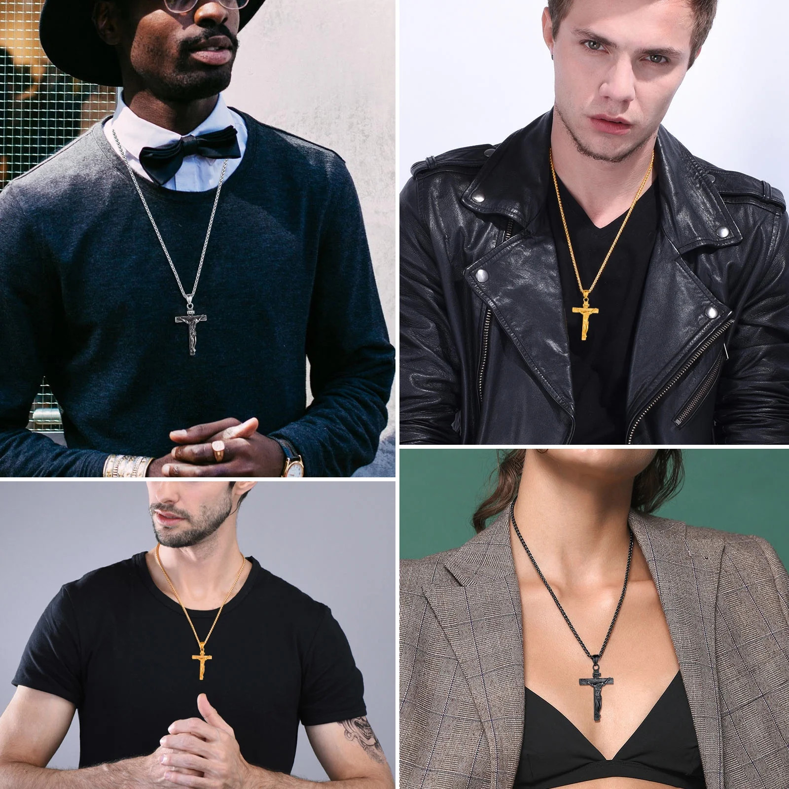 Gold Plated Cross Necklaces for Men Stainless Steel INRI Crucifix Pendant Neckla