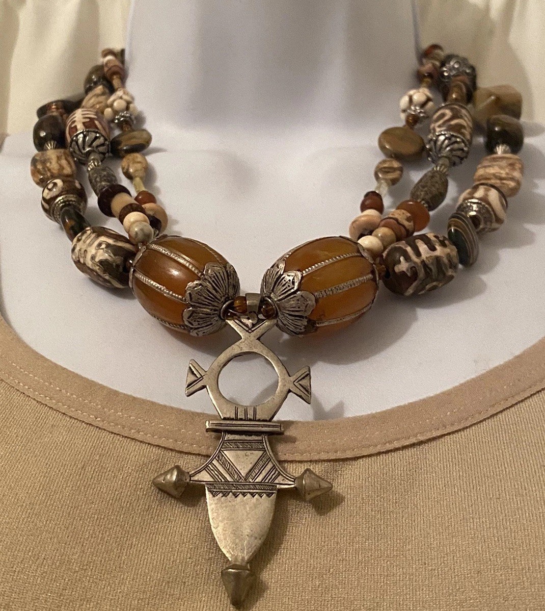 Global Trade Bead Necklace Amber Gemstone DZI Shell Glass Tuareg Cross Pendant