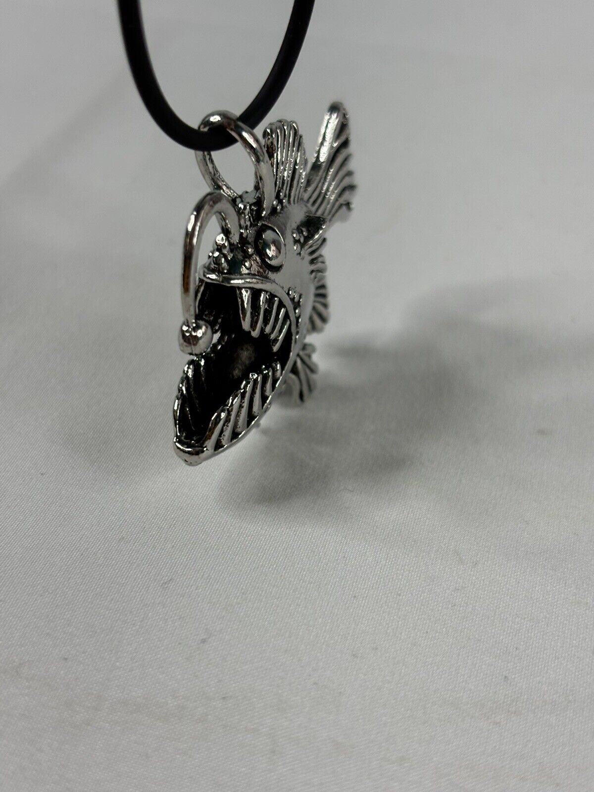 Angler Fish Tiki Necklace Silver Tone Metal Black Cord Surfer Beach Cute