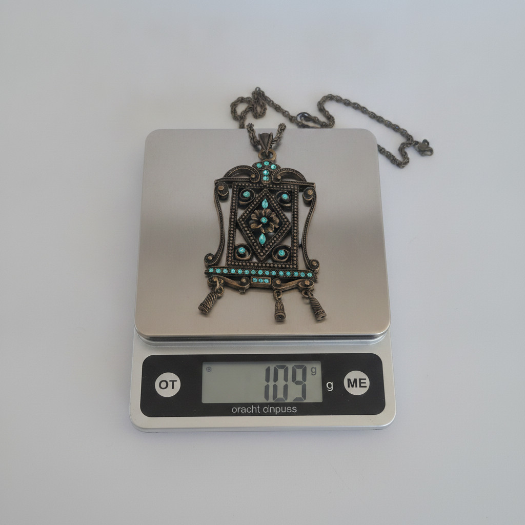 Vintage Women’s Large Chain Necklace Antique Bronze Turquoise Rhinestone Ornate