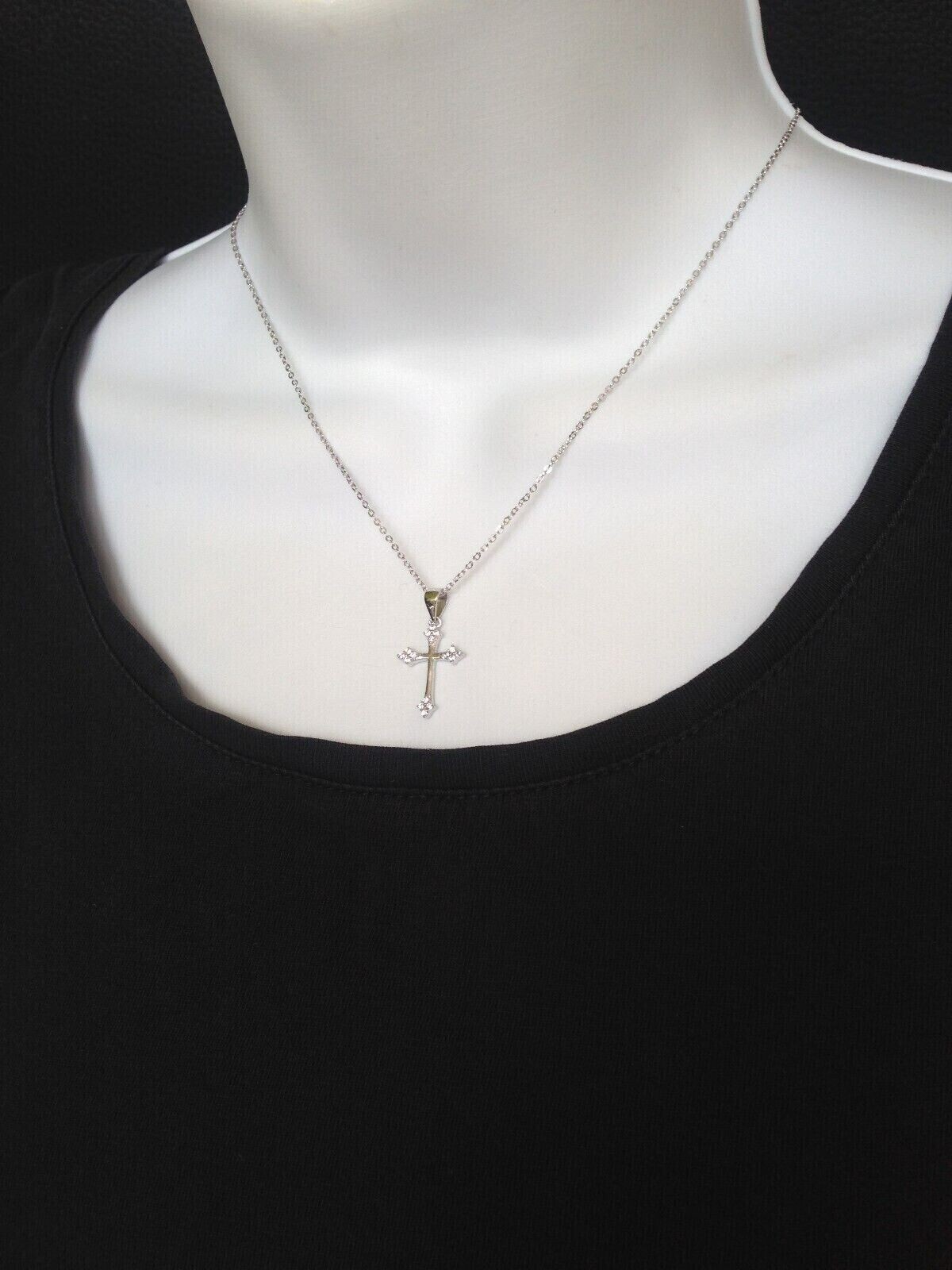Small Cz Cross Necklace 925 Sterling Silver Tiny Pendant Womens 17mm(0.67″) 18″