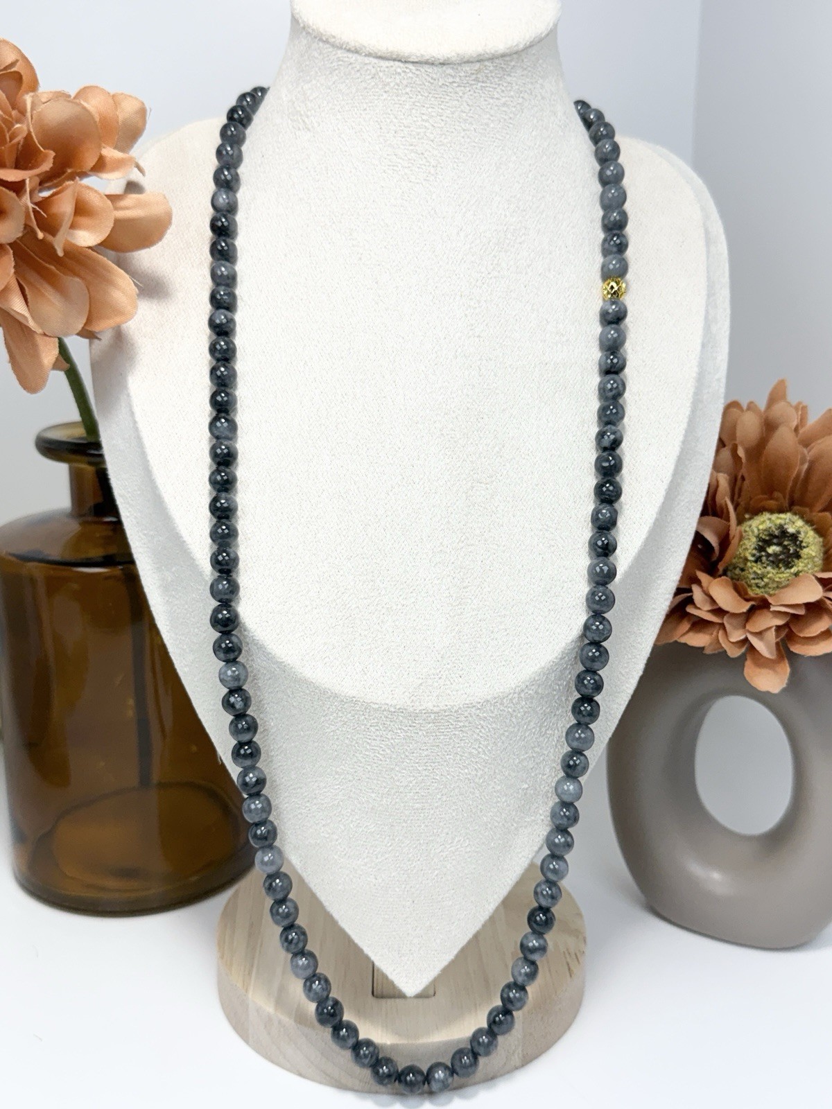 Wuji Jadeite Black/Grey 24IN No Closure Bead Necklace 7.5MM