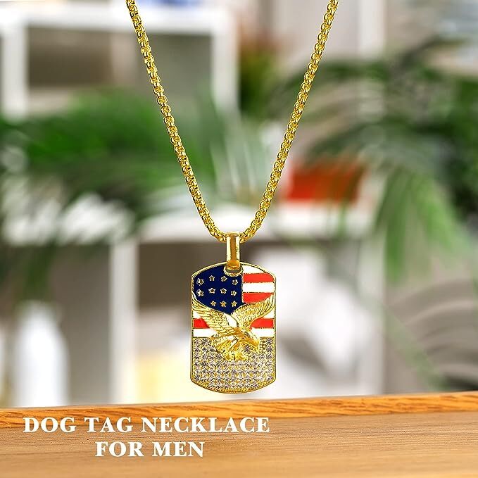 Stainless Steel American Eagle Dog Tag Pendant & 3mm 24″ Rolo Chain Necklace
