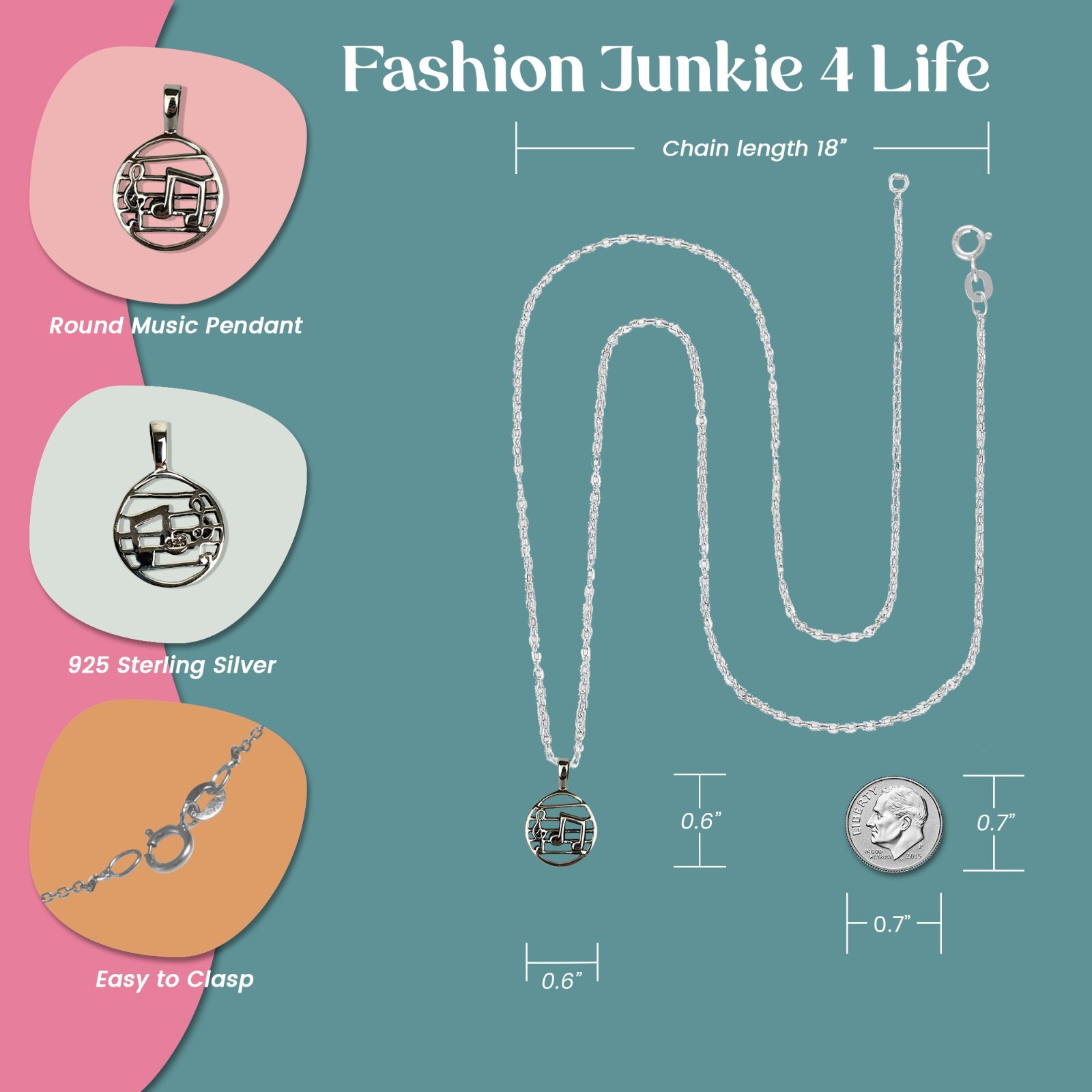 FashionJunkie4Life Sterling Silver Round Music Pendant with 18″ Chain