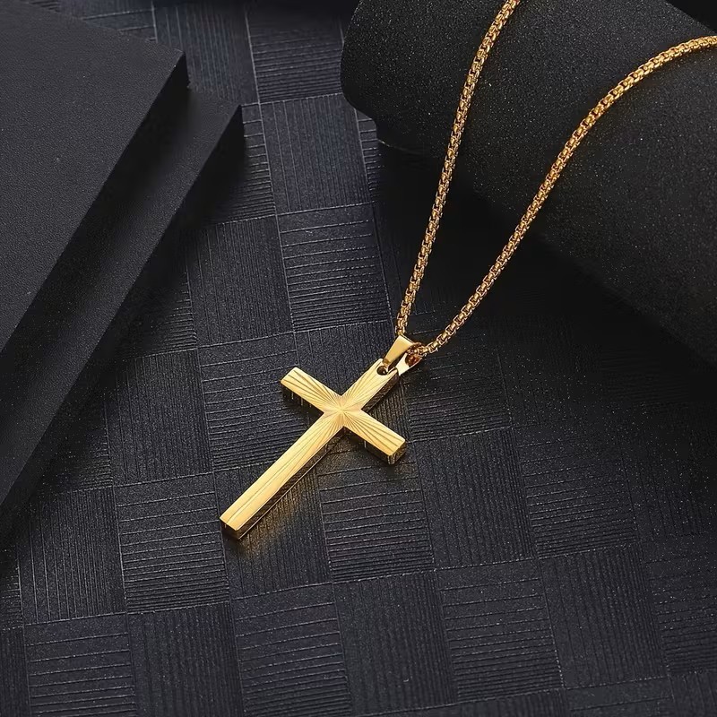 Gold Christian Cross Pendant Necklace Sunburst Etched Chain Faith Jewelry Gift