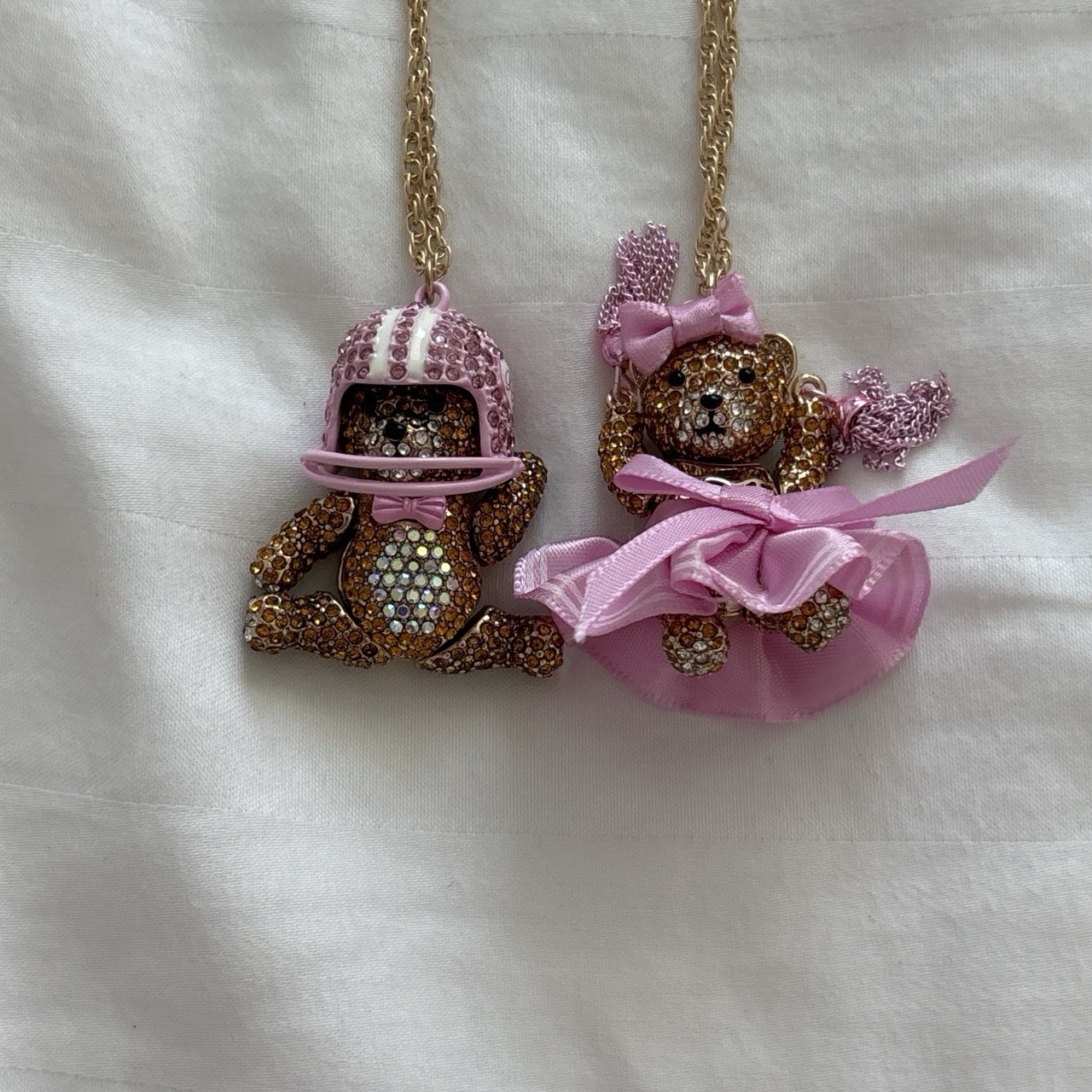 Betsey Johnson Gold Plated Pink Crystal Teddy Bear Charm Necklace, Adjustable