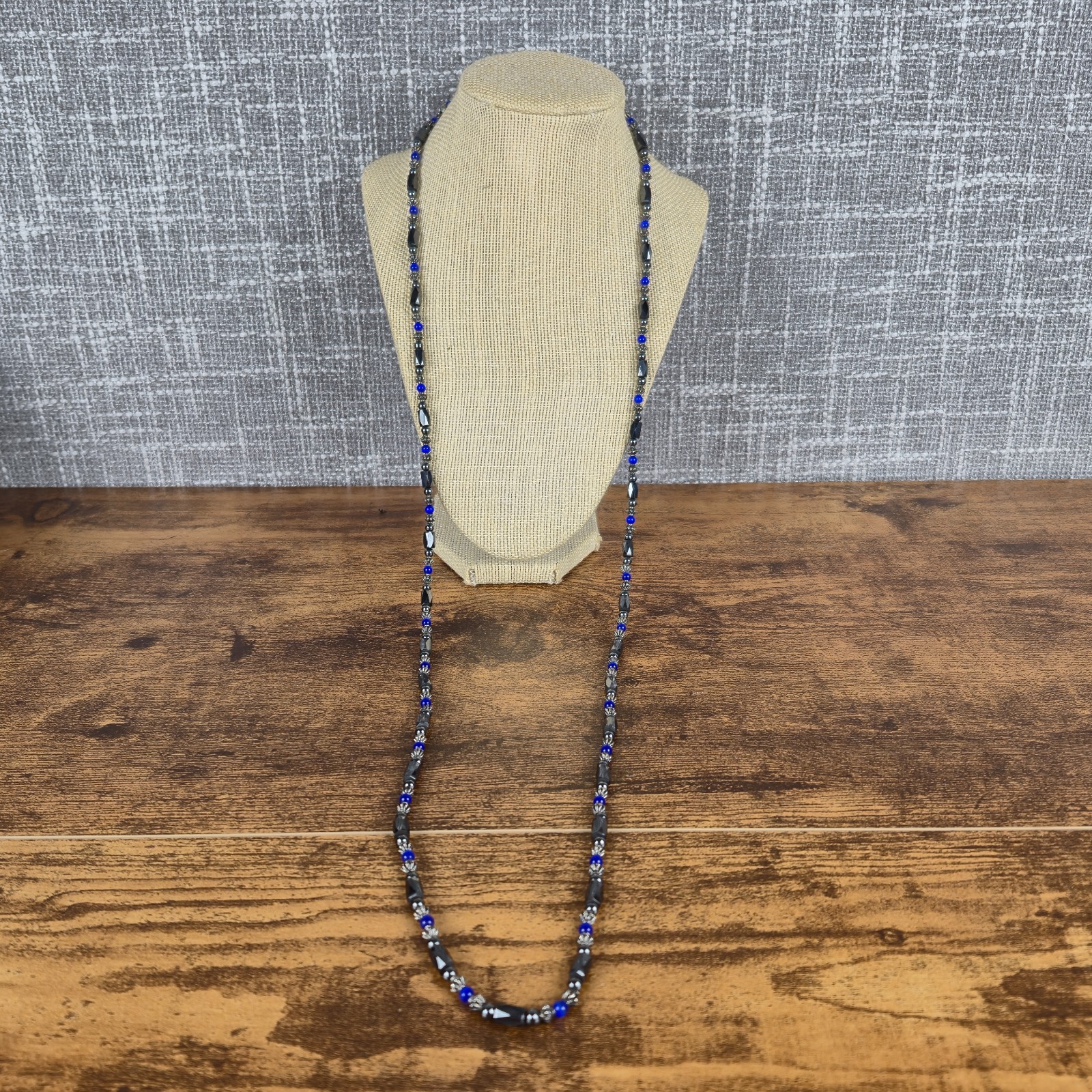 Hematite Magnetic Blue Black Beaded Wrap Bracelet Necklace Versatile Long 44″Vtg
