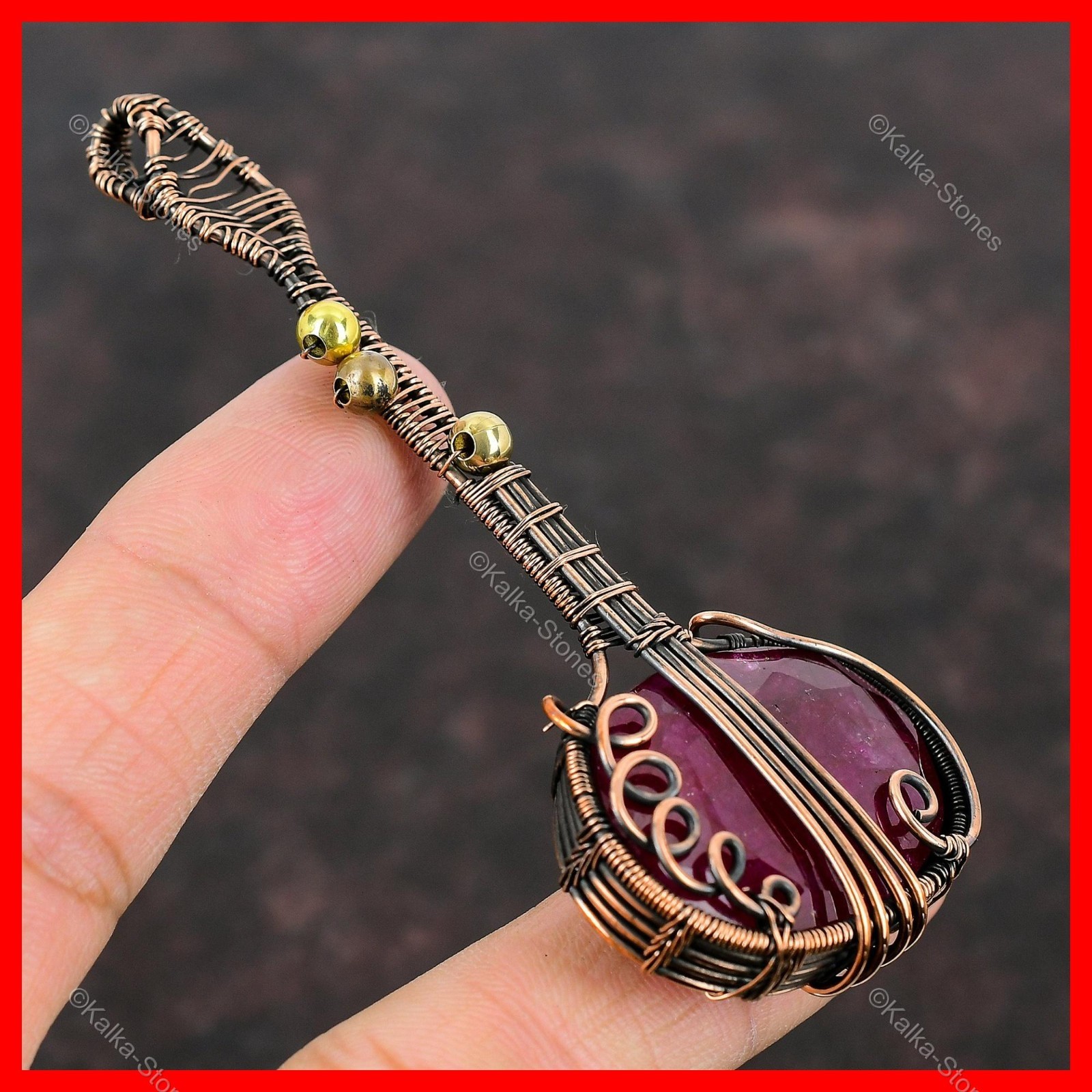 Copper Kashmir Rubi Gemstone Daughter Guitar And Wire Wrapped Pendant Jewelry