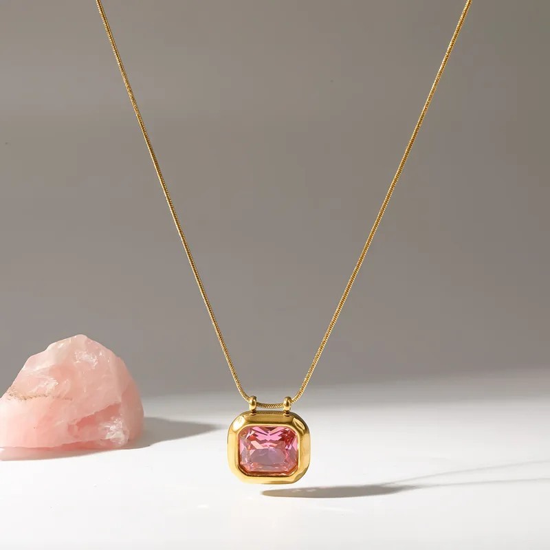 Yellow Gold Plated Chain Necklace w/ Square Bezel-Set Black Crystal Pendant