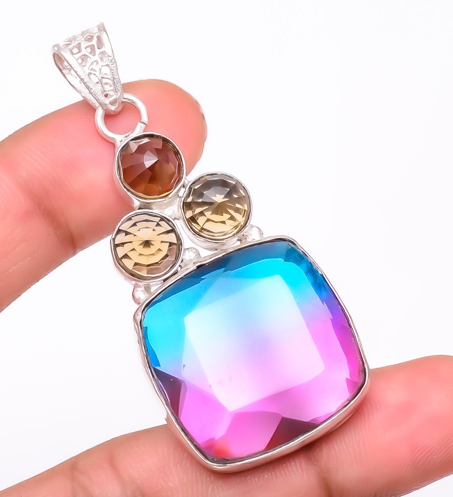 Bi-Color Tourmaline & Peridot Gemstone 925 Silver Plated Pendant 2.2″ F64