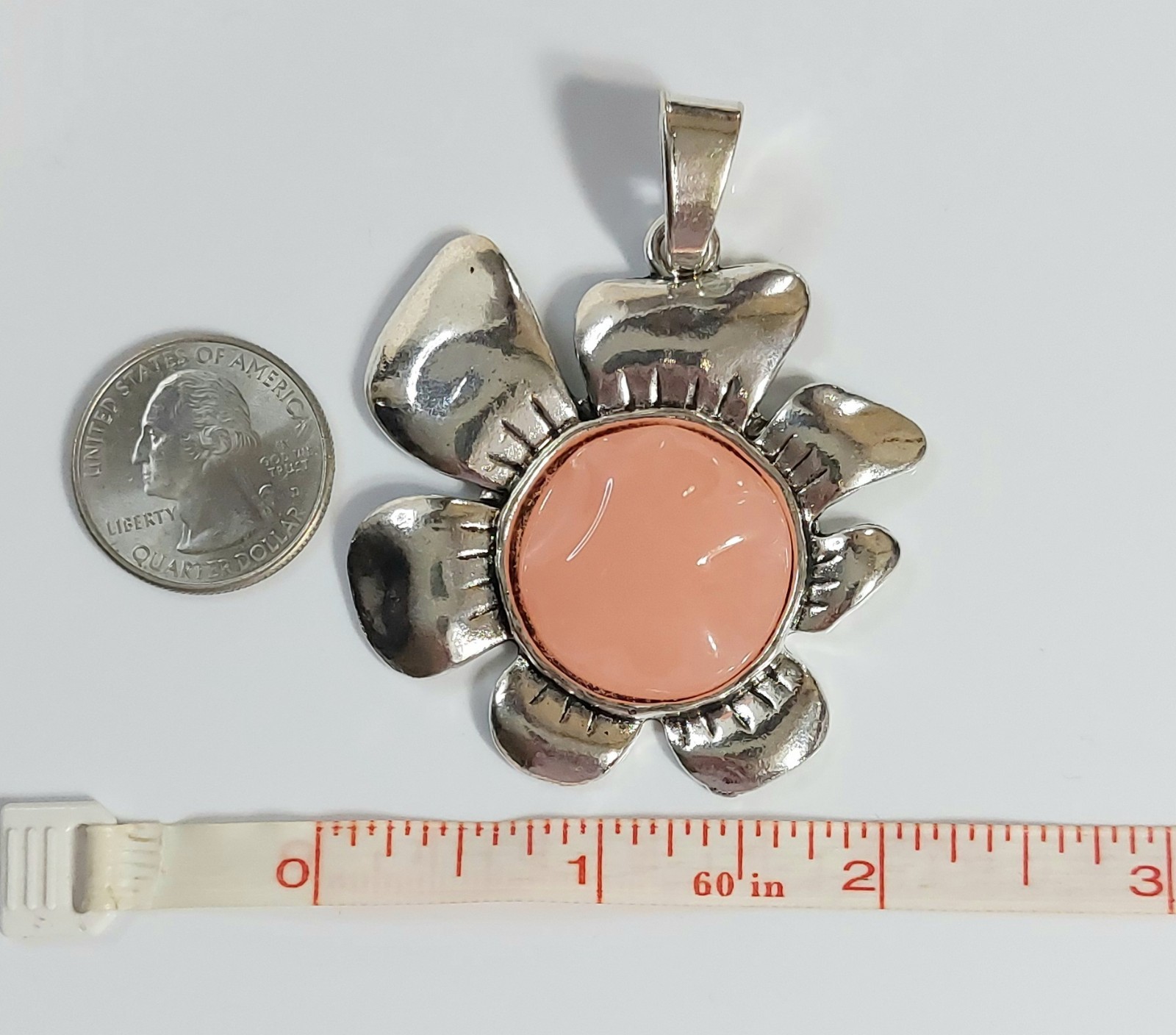 Silver and Pink/Coral Flower Necklace Pendant – Women’s Jewelry