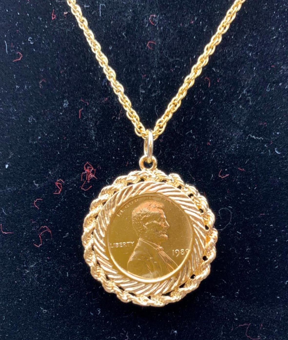 14 KT GOLD PLATED GENUINE US PENNY COIN W/ 18″ 14KT GOLD PLATED ROPE CHAIN