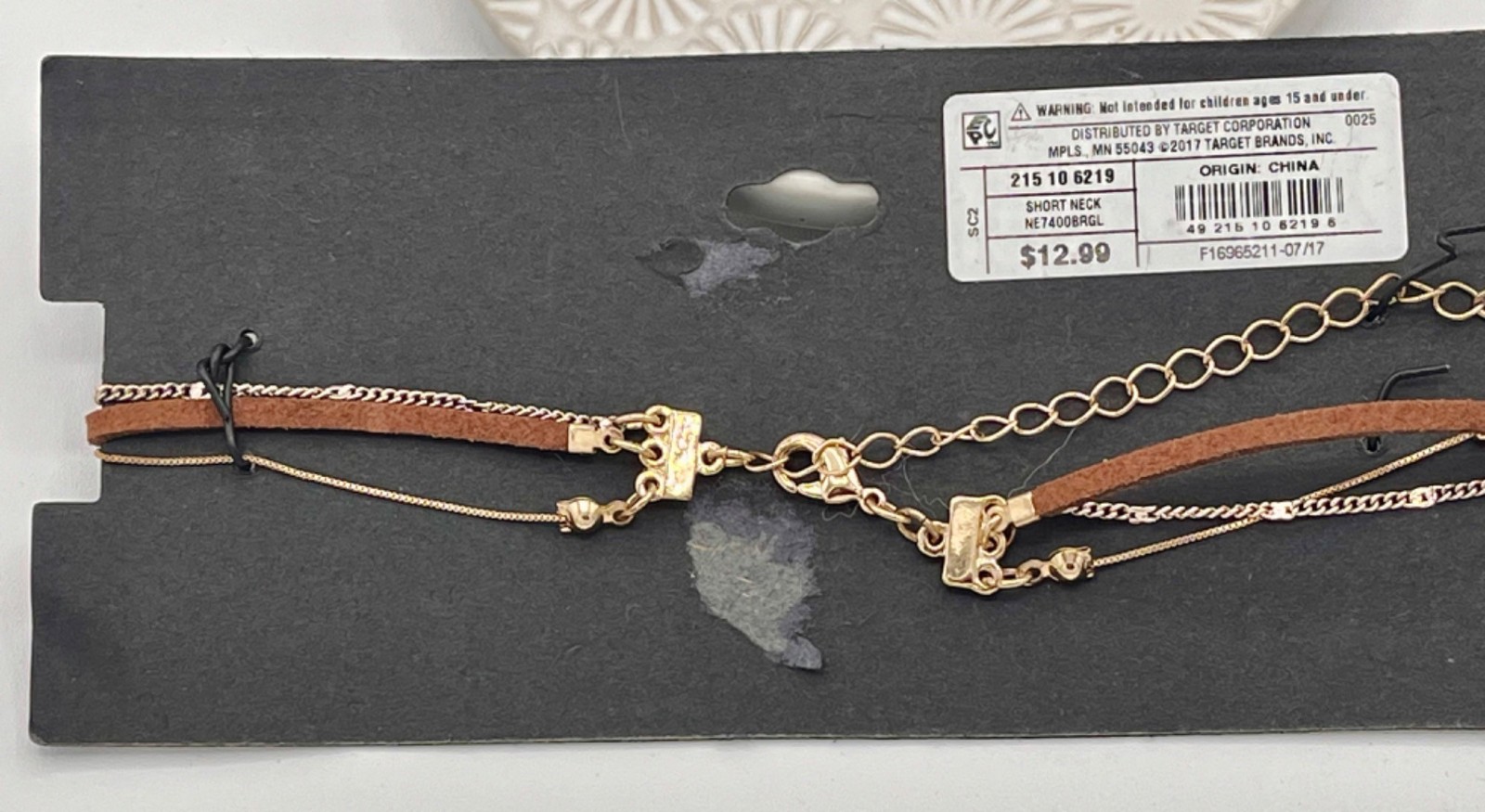 Brown Faux Leather & Gold-Tone Chain Circle Pendant Choker Necklace | Festival