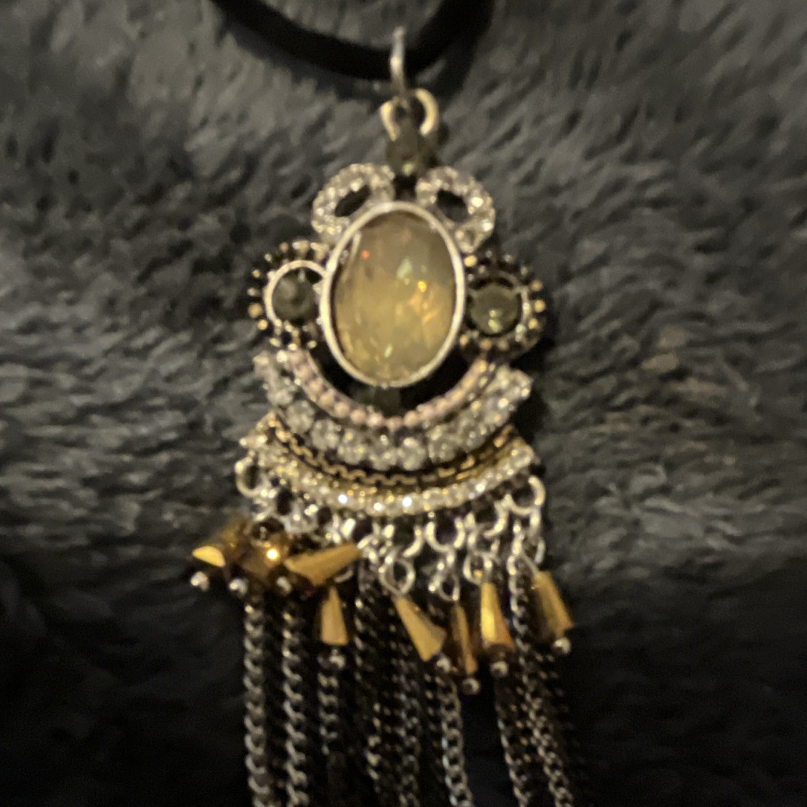 Silver Tone Oval Fringe Pendant Necklace Black Cord Metal Tassel Chains