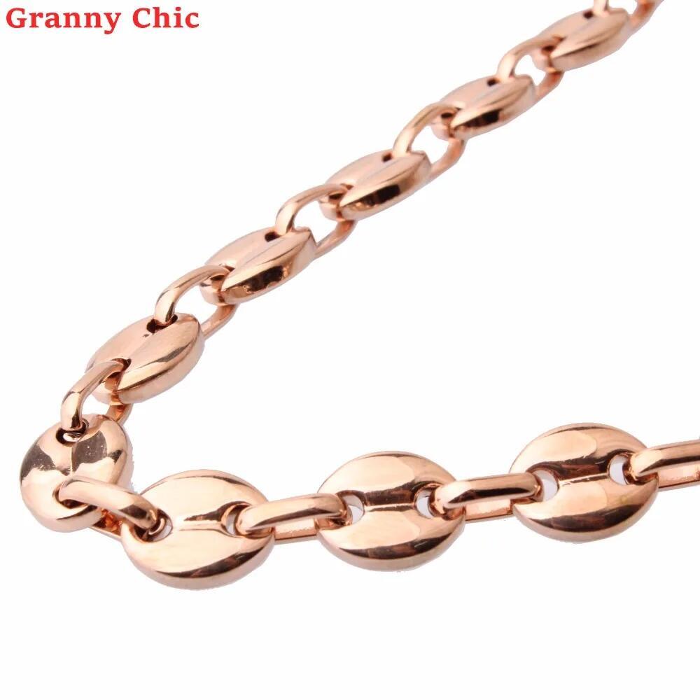 7/9/11mm Men Women Rose Gold Tone Stainless Steel Coffee Beans Chain Necklace