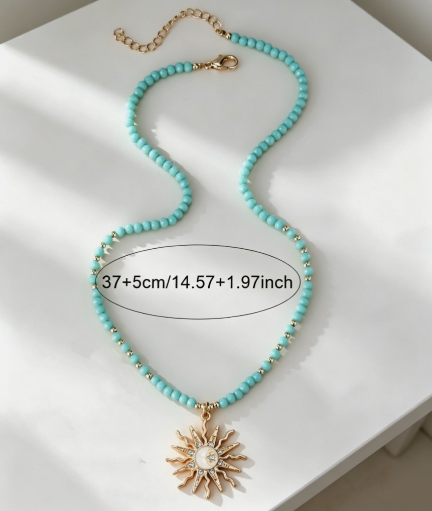Boho Turquoise Beaded Sun & Moon CZ Gilded Charm Adjustable Necklace Choker