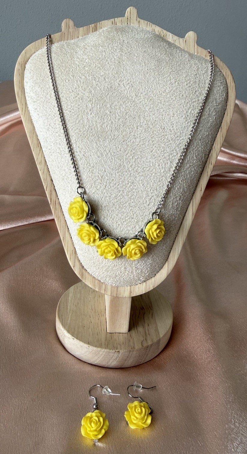 Sunflower Rose Charm Necklace & Earrings Set Yellow Flower Silver Tone Jewelry