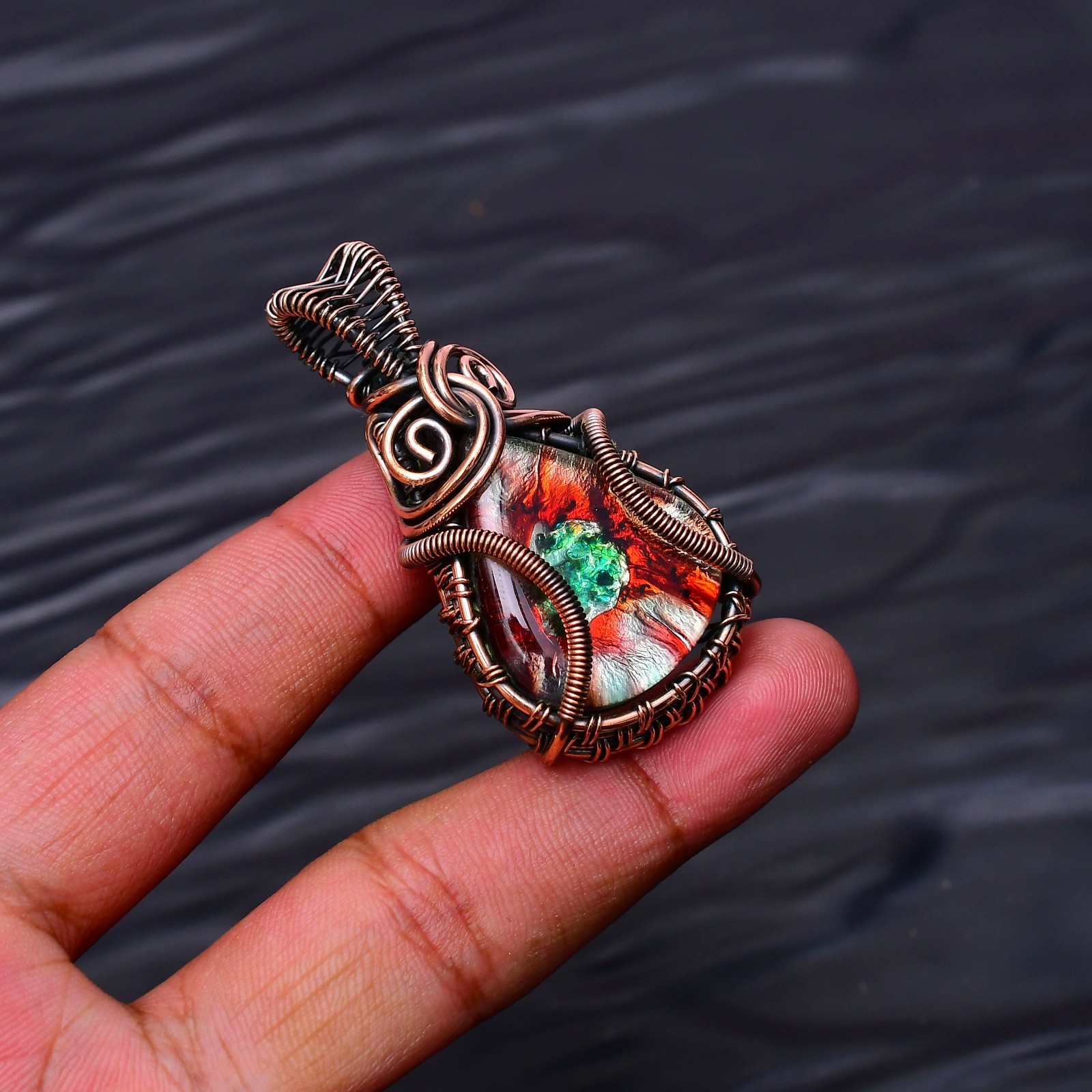Dichroic Glass Gemstone Copper Wire Wrapped Handmade Jewelry Pendant 2.04″