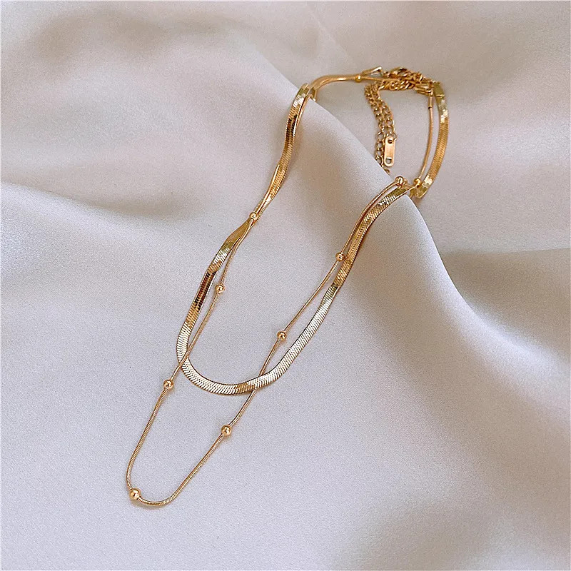 Double Layer Herringbone Necklace Women Gold Silver Stainless Steel Chain