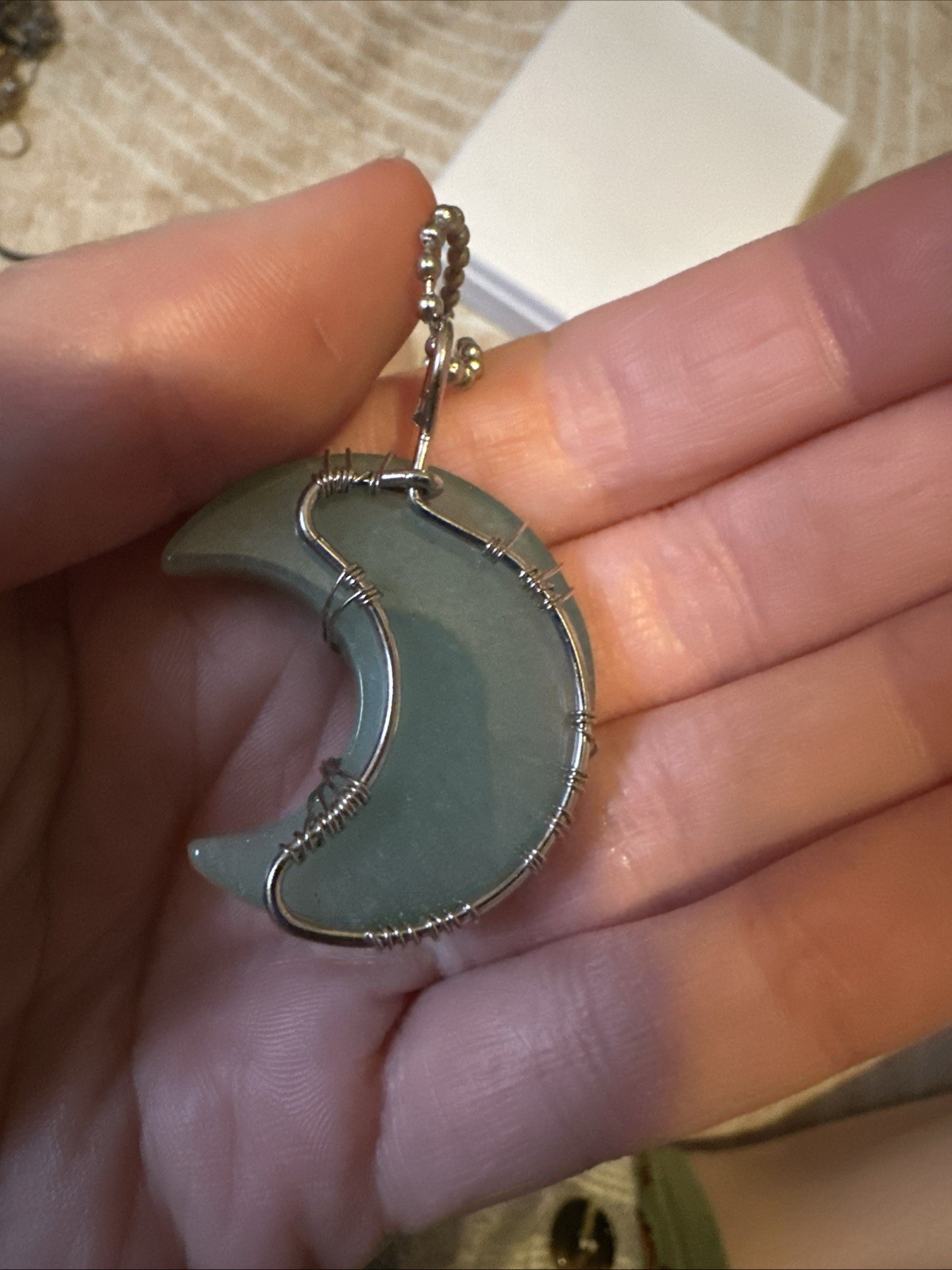 Light Green Crescent Moon Pendant Necklace Wrapped In Silver Wire 22 Inch Chain