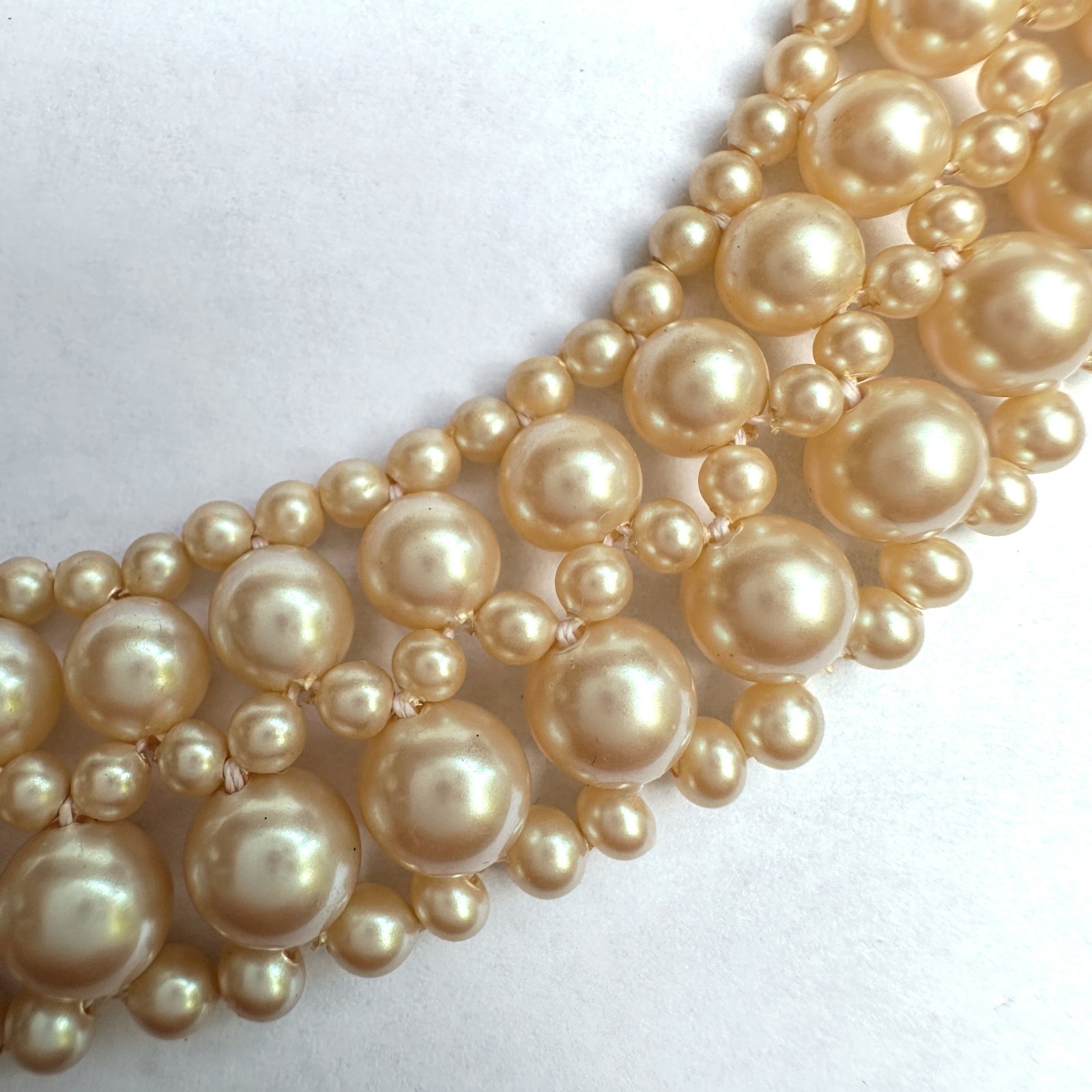Woven 5-Row Faux Pearl Collar Necklace with Soft, Frothy Vintage Lace Ties
