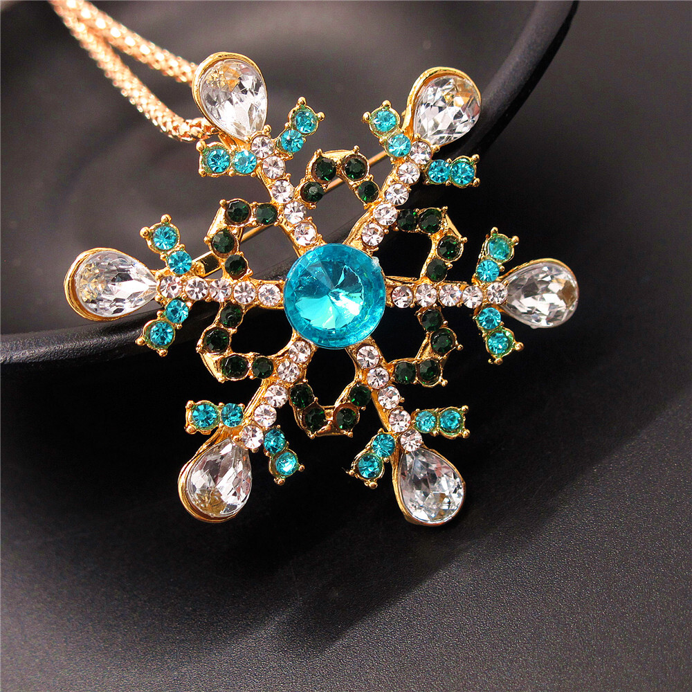 Fashion Women Rhinestone Blue Christmas Snowflakes Pendant Chain Necklace