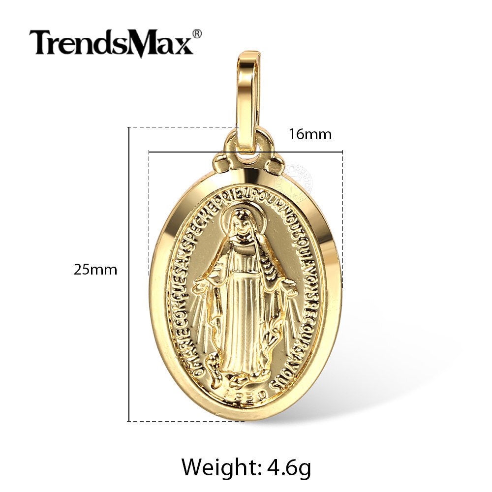 2mm Gold Plated Oval Virgin Mary Charm Pendant Necklace Box Chain Unisex Women