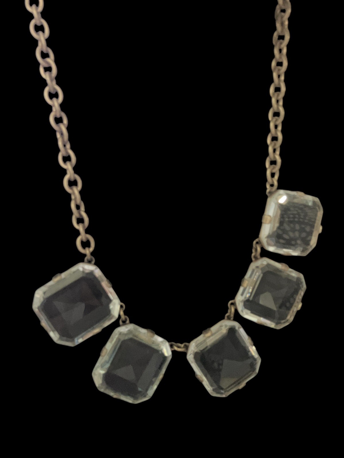J Crew 5 Crystal Emerald Cut Bezel Set Stones Necklace 17”- 20” EUC