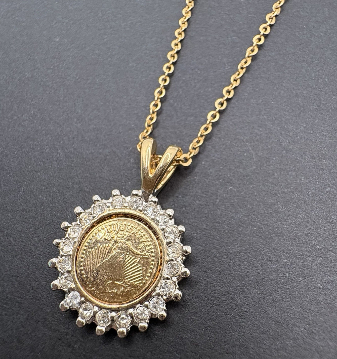 Vintage Lady Liberty Mini Coin Pendant Necklace Pavé Crystals Accent Gold Tone