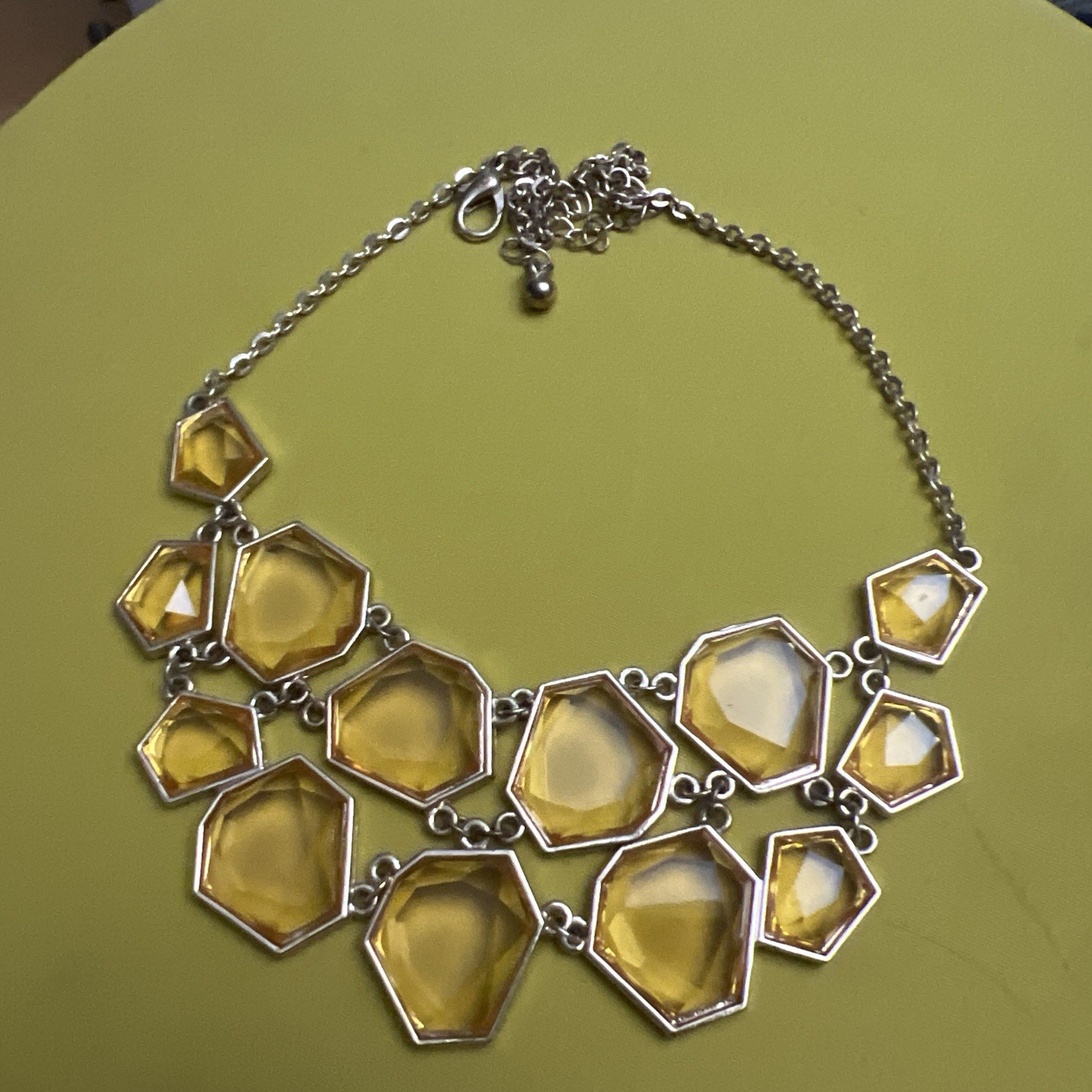 Silver Tone Statement Bib Necklace Yellow Hexagon Glass 11-Stone Adjustable