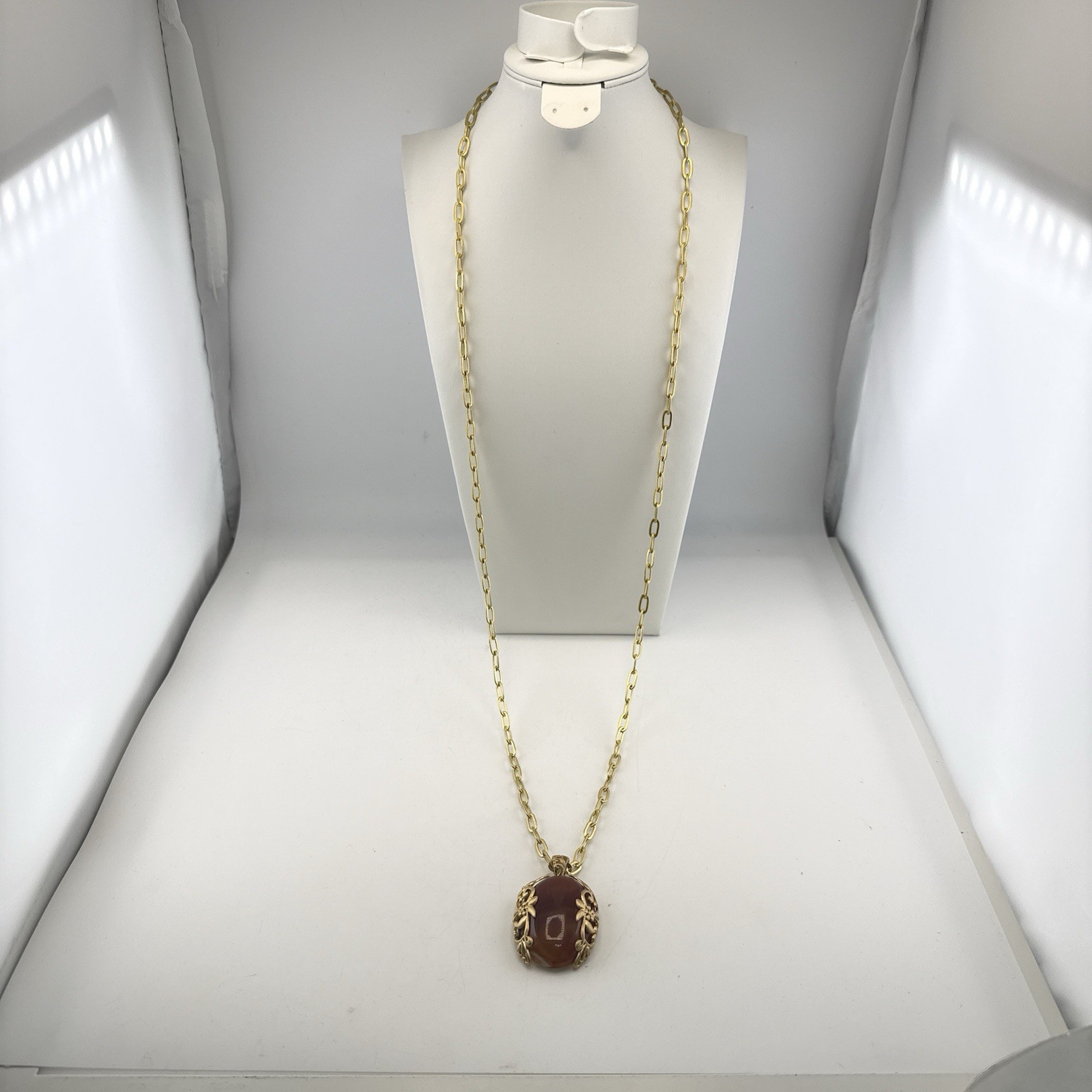 Sheila Fajl Necklace Floral Flower Faux Carnelian Gold Tone Brazil Chain Link