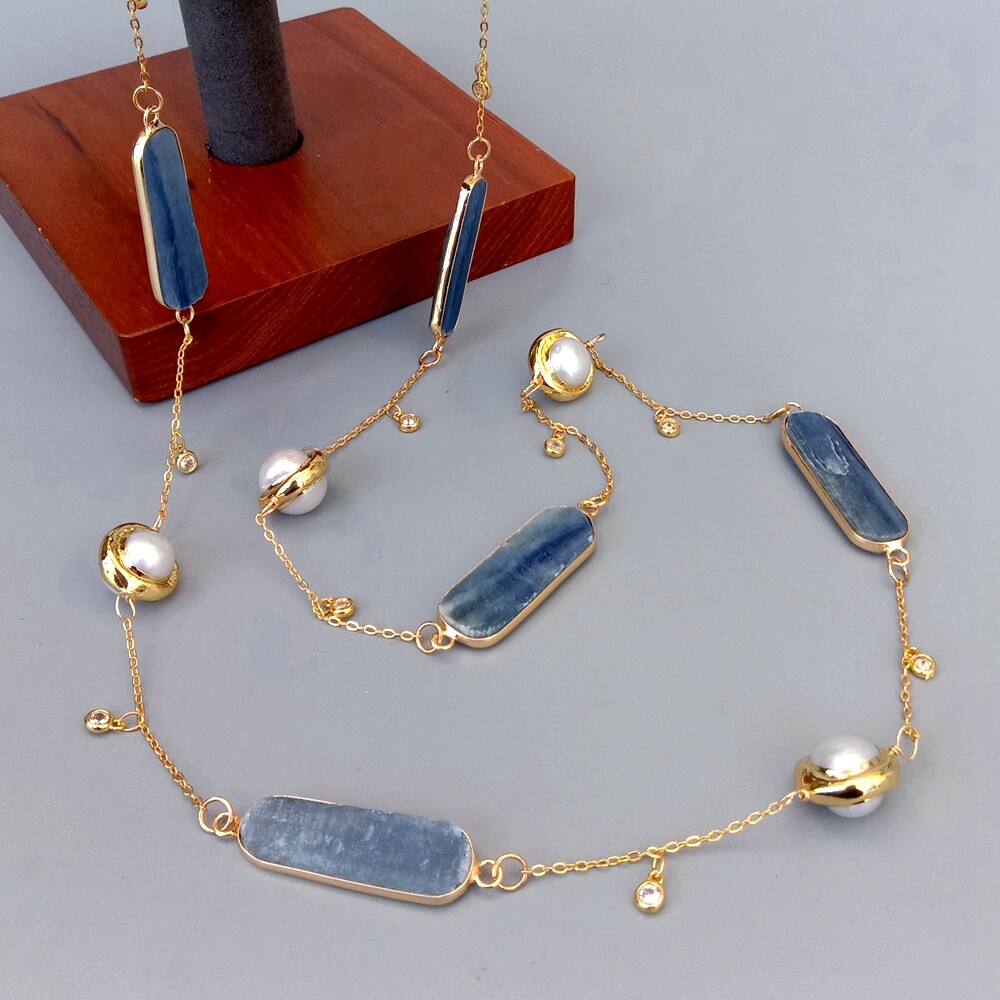 18″ Cultured White Pearl Natural Blue Kyanite Connector Chain Long Necklace