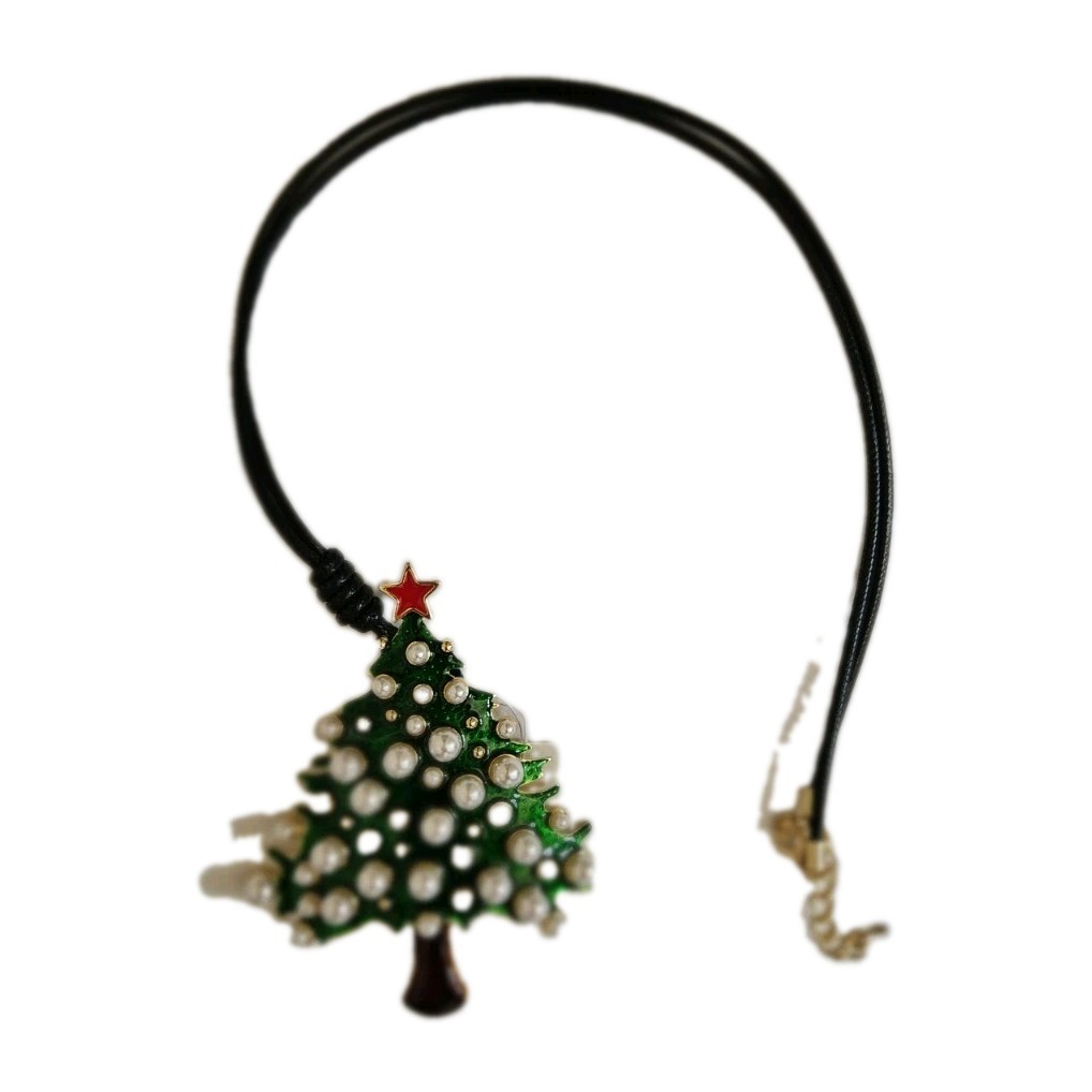 Christmas tree necklace with green tree shape, white pearls, and red star NEW