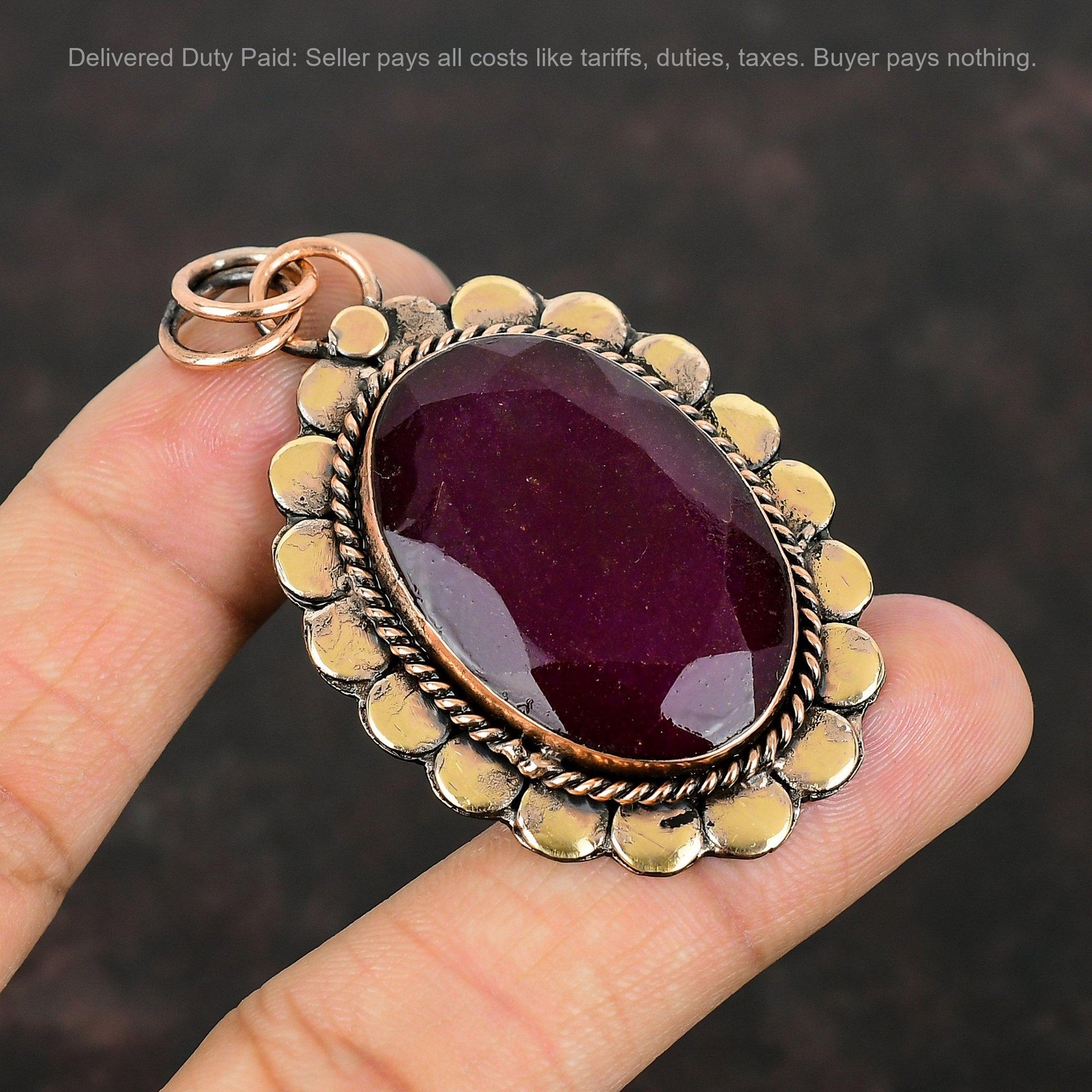 Oval Kashmir Rubi Stone Copper Bezel Anniversary Sister Wedding Trendy Pendant