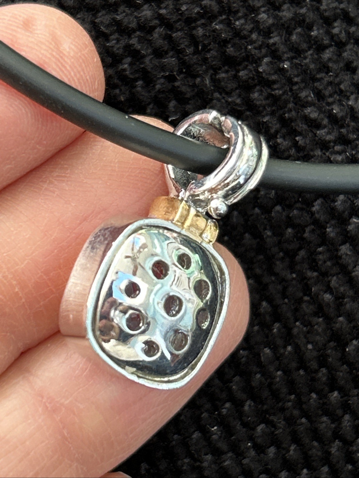 Gold And Silver Tone Square Pink Lab Diamond Pendant Necklace On Black Cord 16”