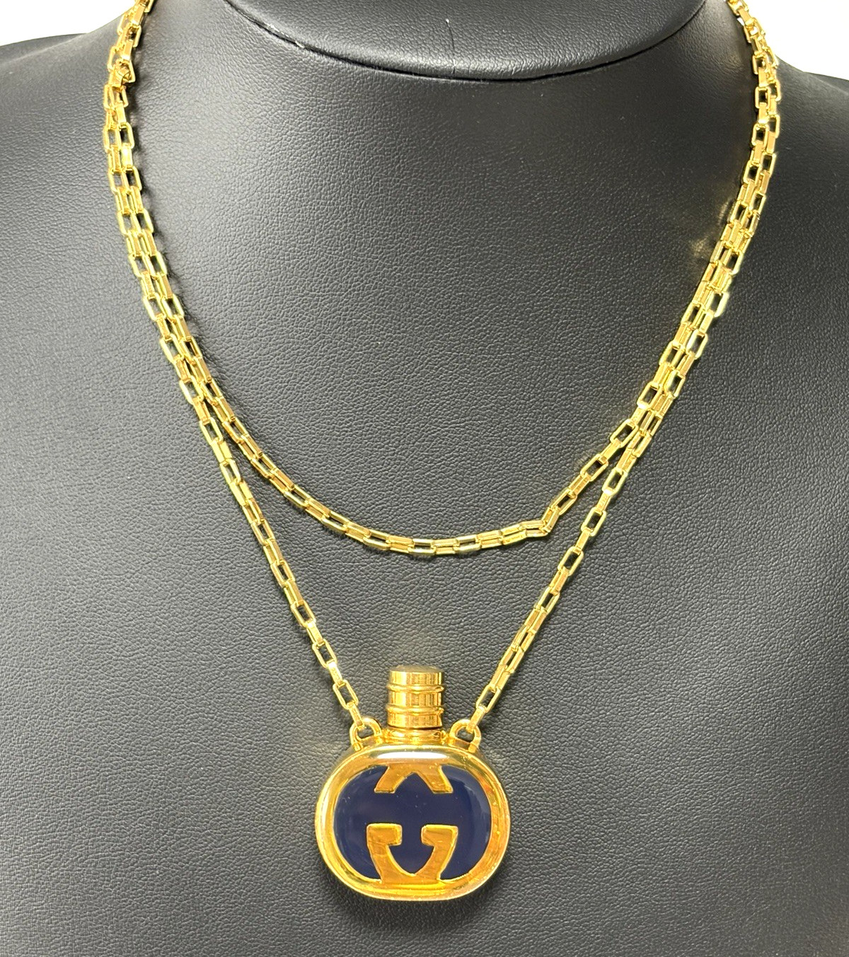 Vintage Gucci Navy Enamel GG Perfume Bottle Motif Necklace Pendant Gold-tone