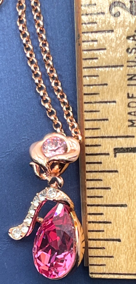 Necklace Rose Gold Tone Bright Pink Teardrop Crystal w/Rose Accent 16″ + 2′