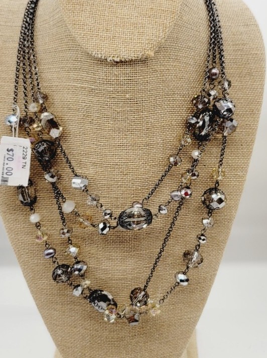 Black & Grey Beaded Multi Chain Layered NECKLACE Rocker 21″