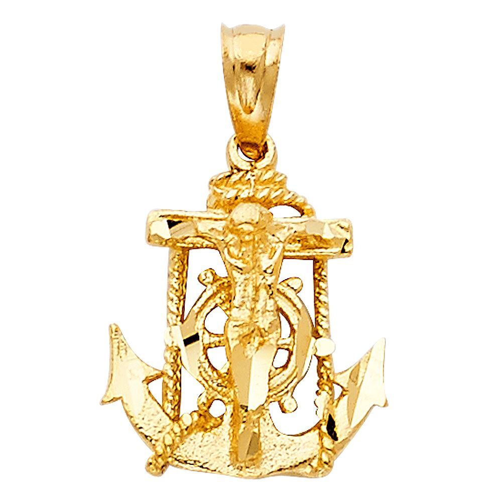 14K Yellow Gold Mariner Crucifix Charm Pendant & 2.3mm Figaro 3+1 Chain Necklace