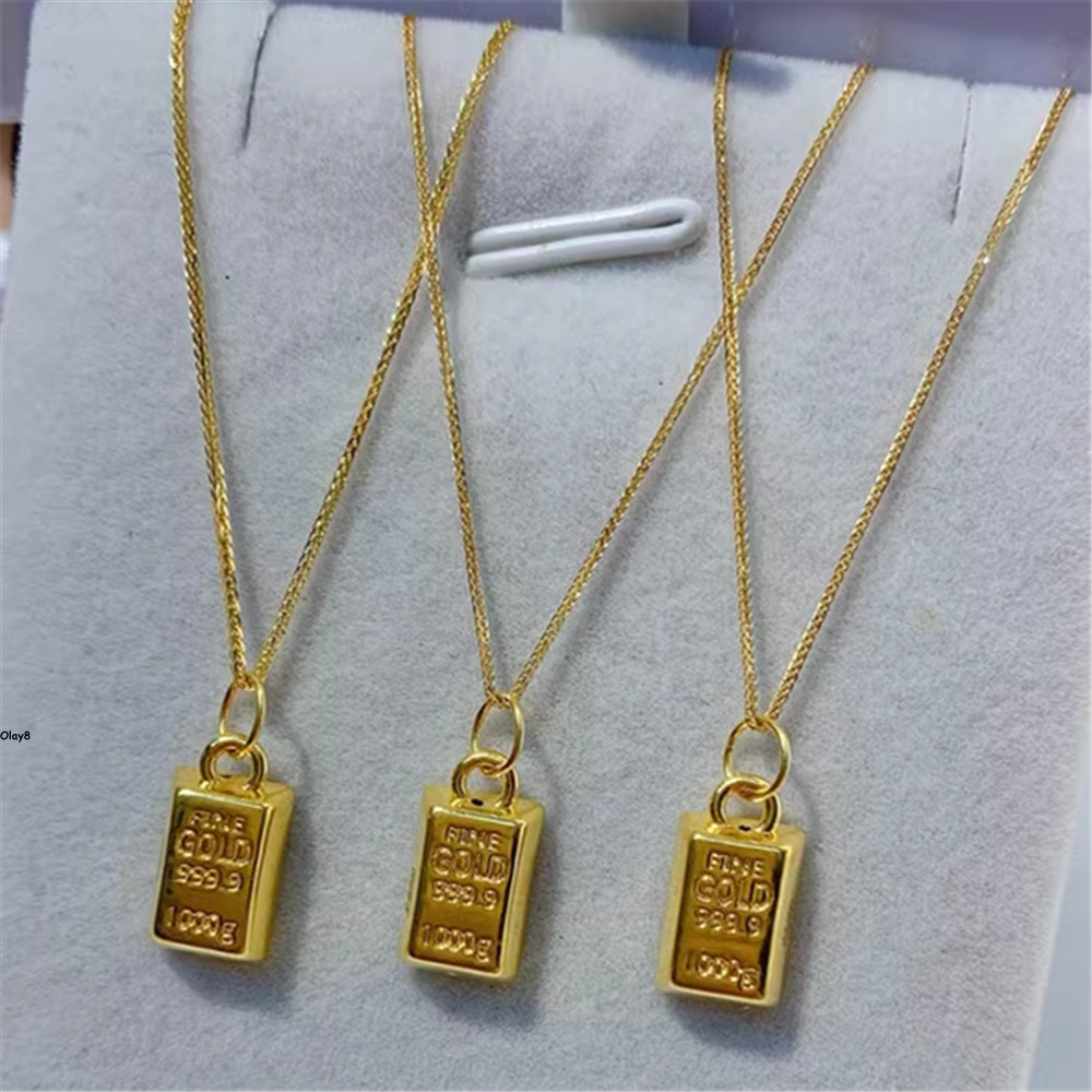 Pure 999 24K Yellow Gold Long Oblong With 18K Yellow Gold Wheat Necklace 18in