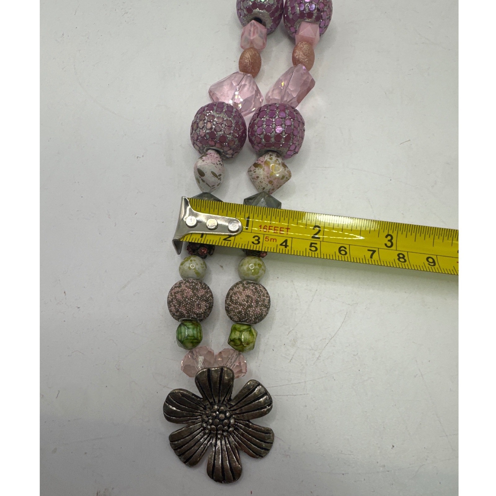 Boho Mixed Bead Flower Pendant Necklace Pink Green Glass Ceramic 23 Inch
