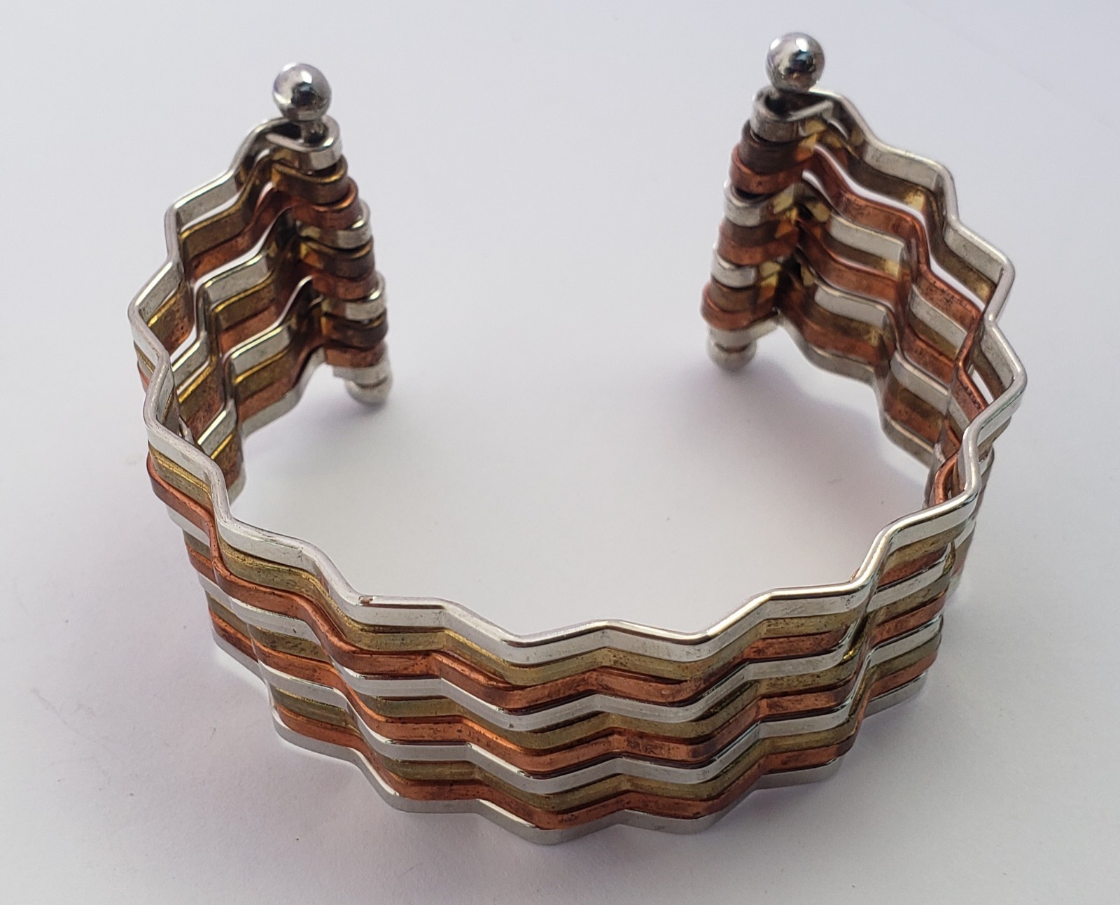3 Toned Mix Metal Open Back Cuff Bracelet. Zig Zag Lines Silver, Brass, Copper