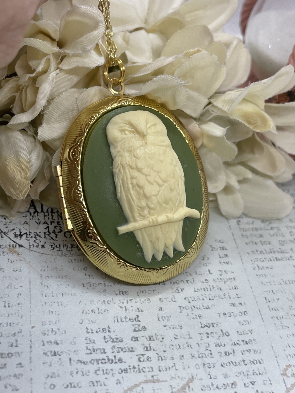 Ylw Gold Photo Locket Necklace Birthday Gift Green Owl Barn Tree Hoot Fall Mom