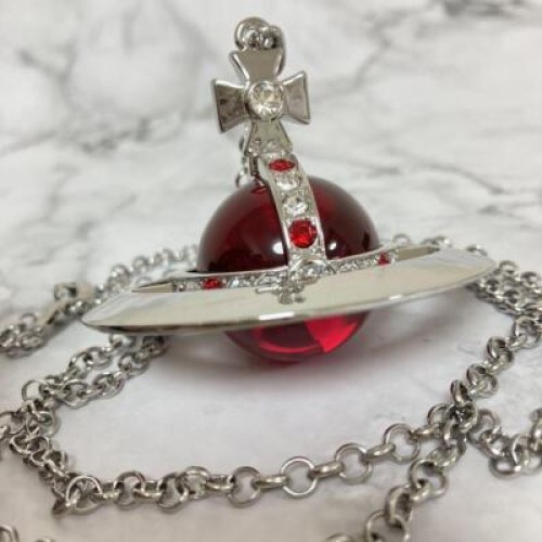 【In Box/Drawstring】Vivienne Westwood Medium Orb Necklace Red Silver Top 6.5cm