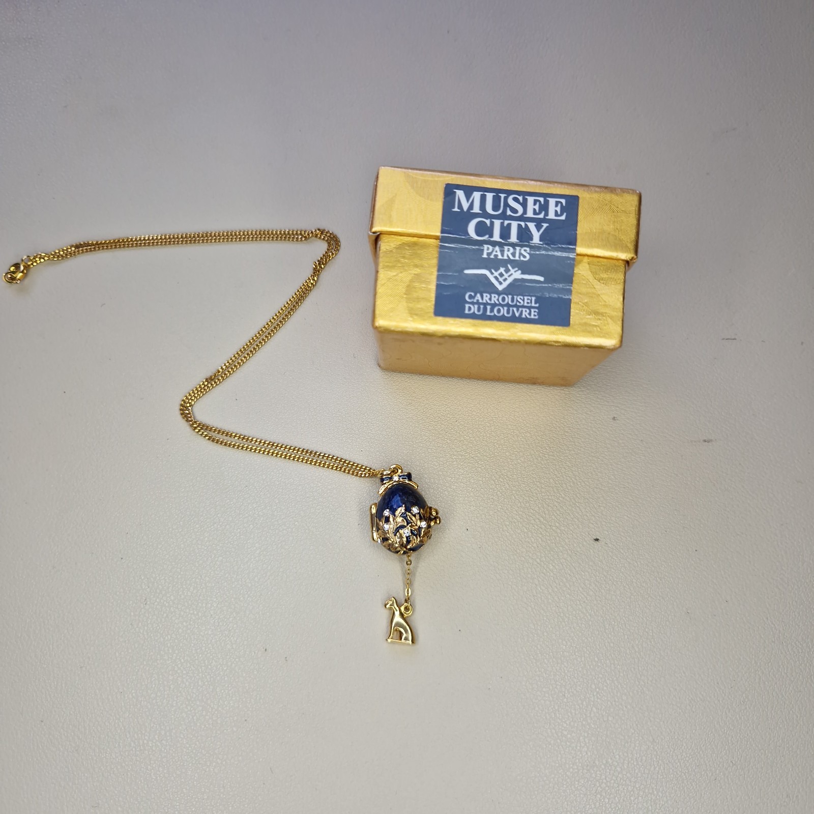 Enamel Easter Egg Locket Necklace Dangly Hidden Charm Sphix Jeweled Louvre 46cm