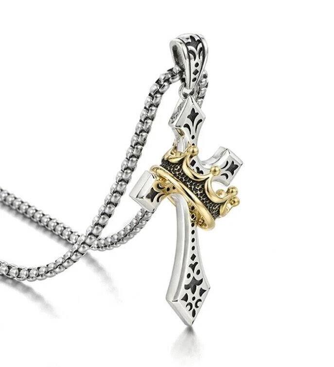 Mens Stainless Steel Cross Necklace with Gold Crown Pendant Christian Jewelry